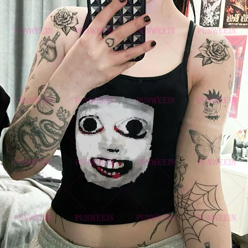 Punk Y2k Style Girls Summer 2000s vintage Crop Tops Harajuku dark demon Graphics Women tank tops Streetwear Sexy Slim Baby tops