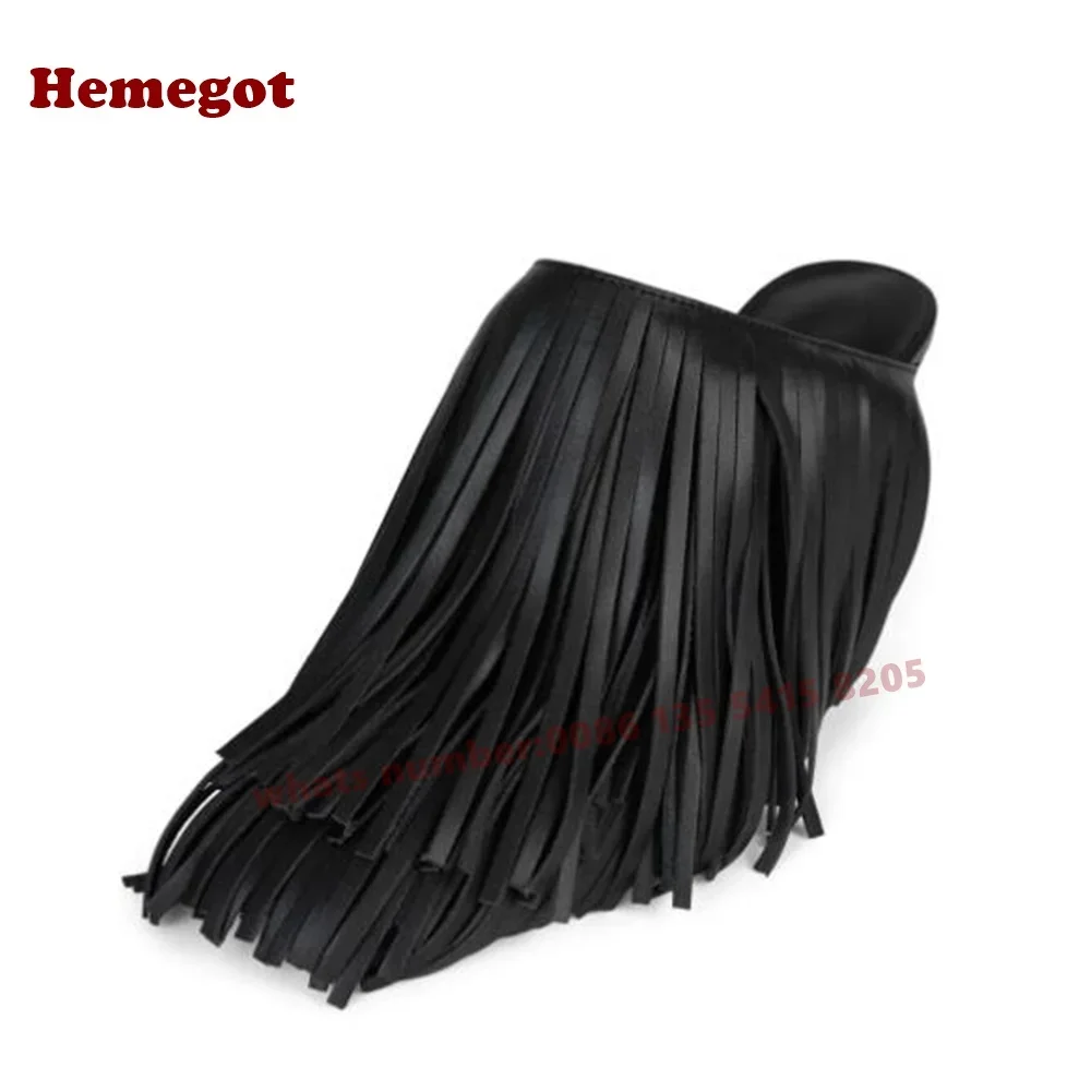 Black Tassel Stiletto Heels Slippers Round Toe Fringe Thin Slip On Women\'s Mules Leather Solid Summer Outside Casual Shoes Sexy