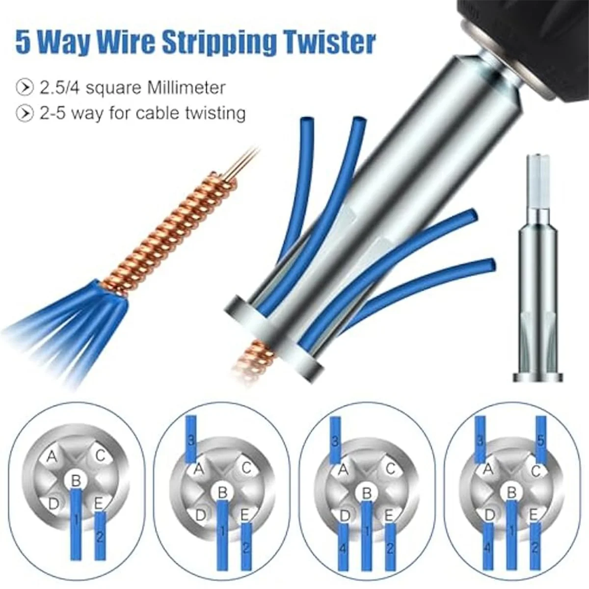 6Pcs Wire Twisting Tool,3/5 Way Wire Stripping Tool and Cable Twister Tool, Wire Stripper and Twister, Wire Twister Bit