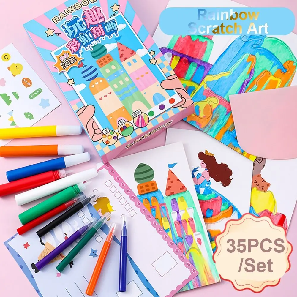 35 pezzi fai da te materiale tergipavimento arte kit di pittura per bambini rivela magica modello animale arcobaleno scratch art disegno carte fatte a mano