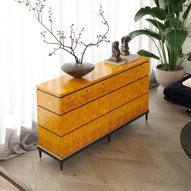 Modern Wooden Dresser with Inlaid Patterns and Black Legs