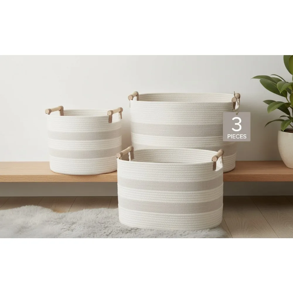 

Набор тканых корзин для хранения из 3 предметов, веревка из текстурированной льняной ткани, овальный органайзер разных размеров с деревянными ручками для домашнего декора