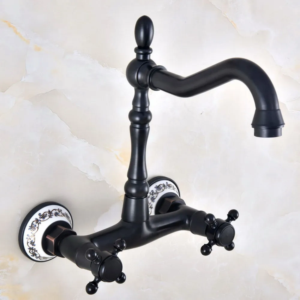 

Oil Rubbed Bronze Dual Handles Bathroom Kitchen Sink Faucets Wall Mounted Swivel Spout Two Holes Kitchen Mixer Taps znf815