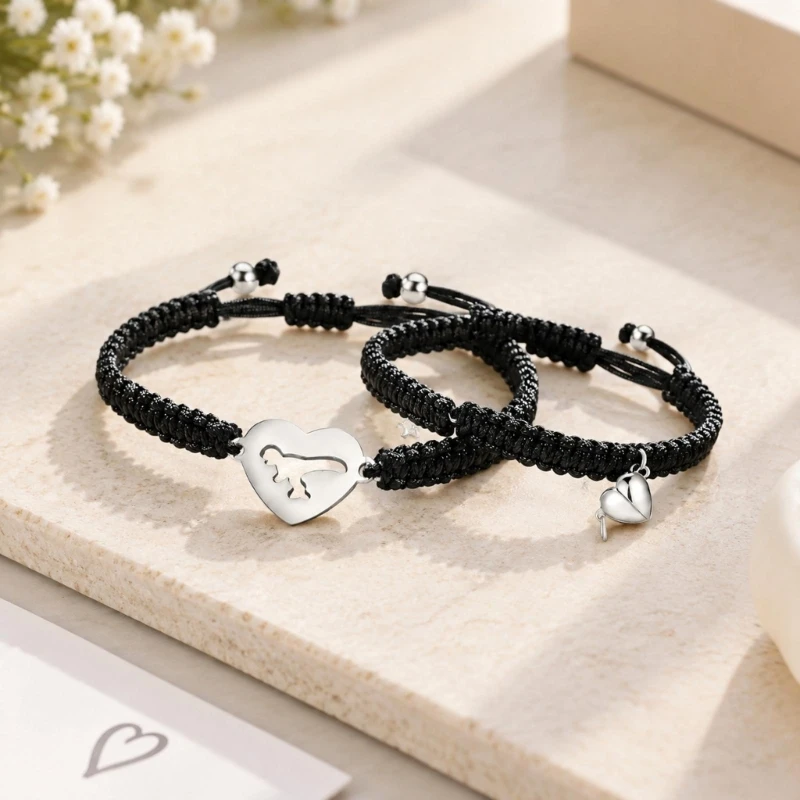 U4LF Parent Child School Bracelets with Coordinating Heart and Dinosaur Openwork, Adjustable Knots, and Themed Card