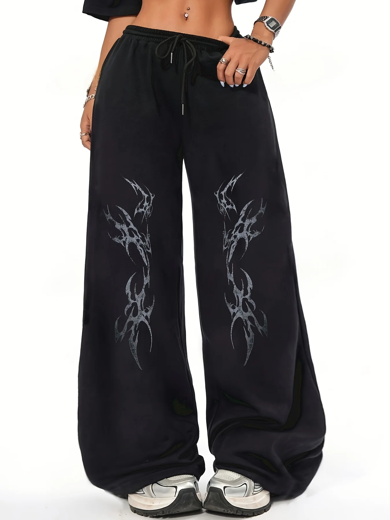 

Свободная спортивная одежда в готическом стиле — повседневный стиль, эластичный пояс черного цвета с дизайном белых крыльев, удобная осенне-зимняя одежда