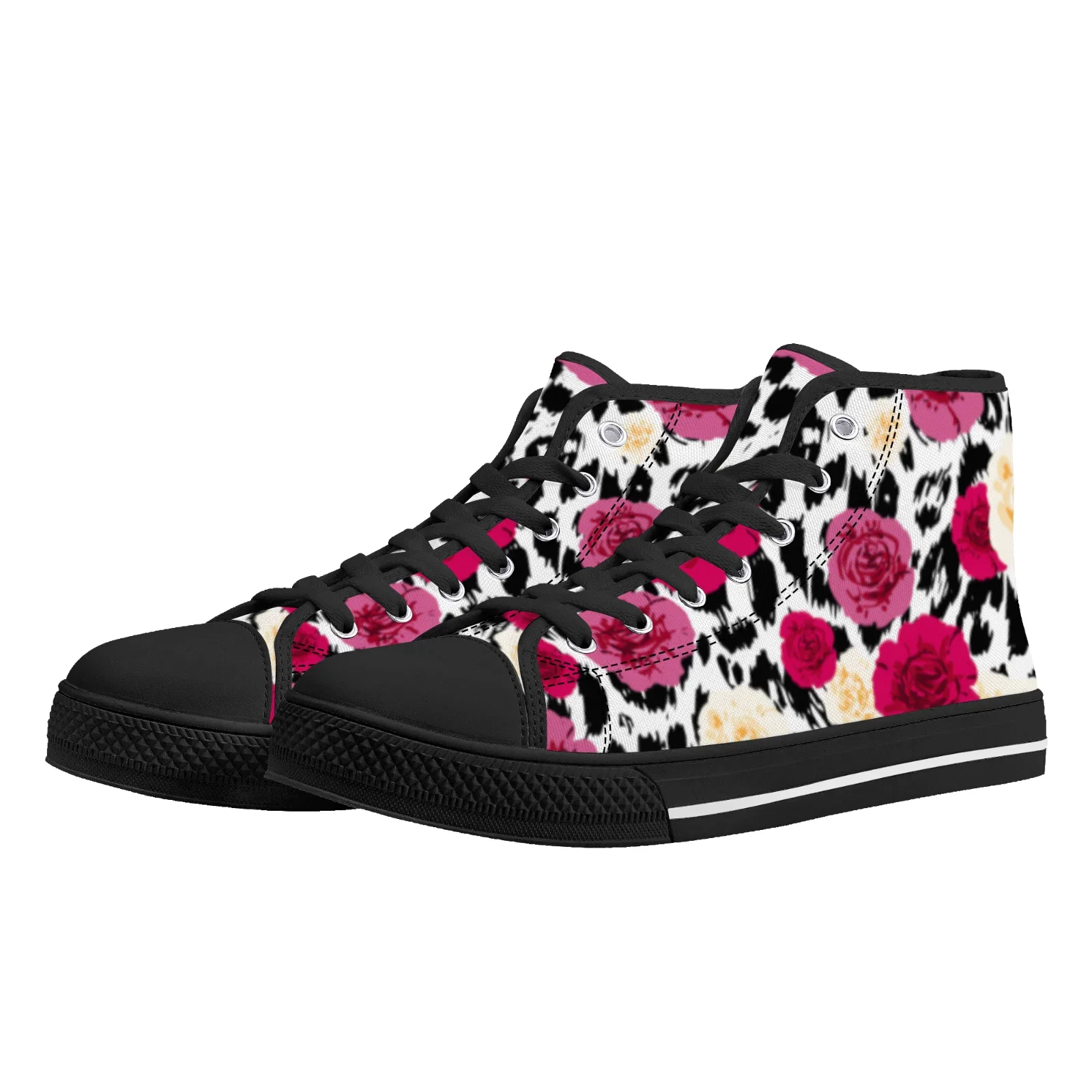 Leopard  rose print classic red high-top canvas shoes with l are flat and suitable for men and women view 3