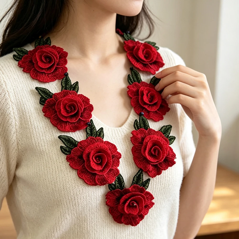 3 Stück rote bestickte Blumen-Aufnäher für Kleidung, Stoff, Hochzeit, Weihnachten, Taschen, Vorhänge, Festdekoration, DIY-Näharbeiten, Reparaturen – Detail 2