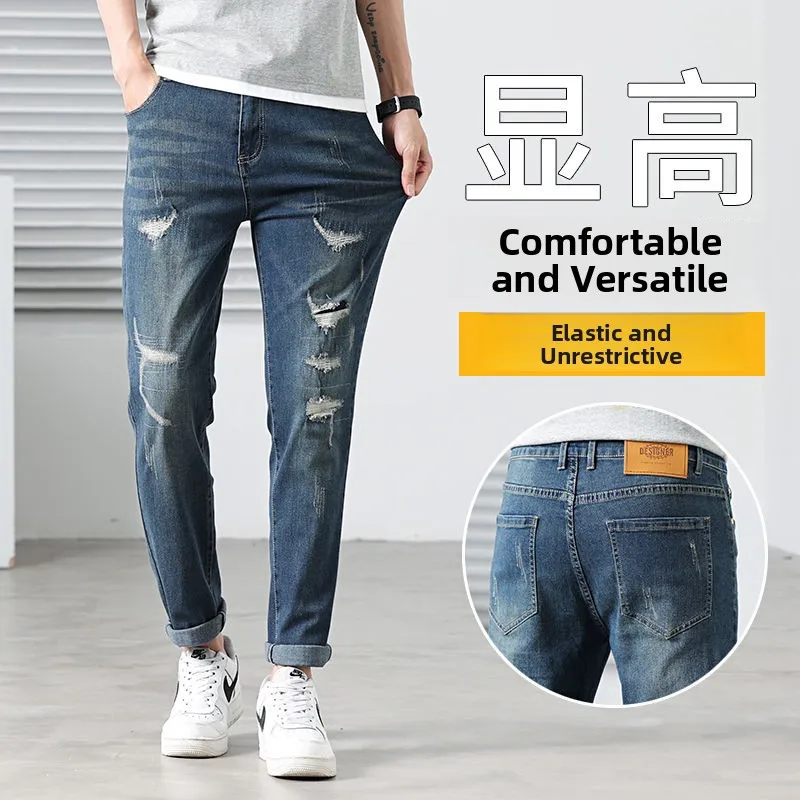 

Мужские джинсы из рваного денима синего цвета, лето 2025, зауженный крой, повседневные длинные брюки, высококачественные универсальные прямые джинсы для молодых мужчин