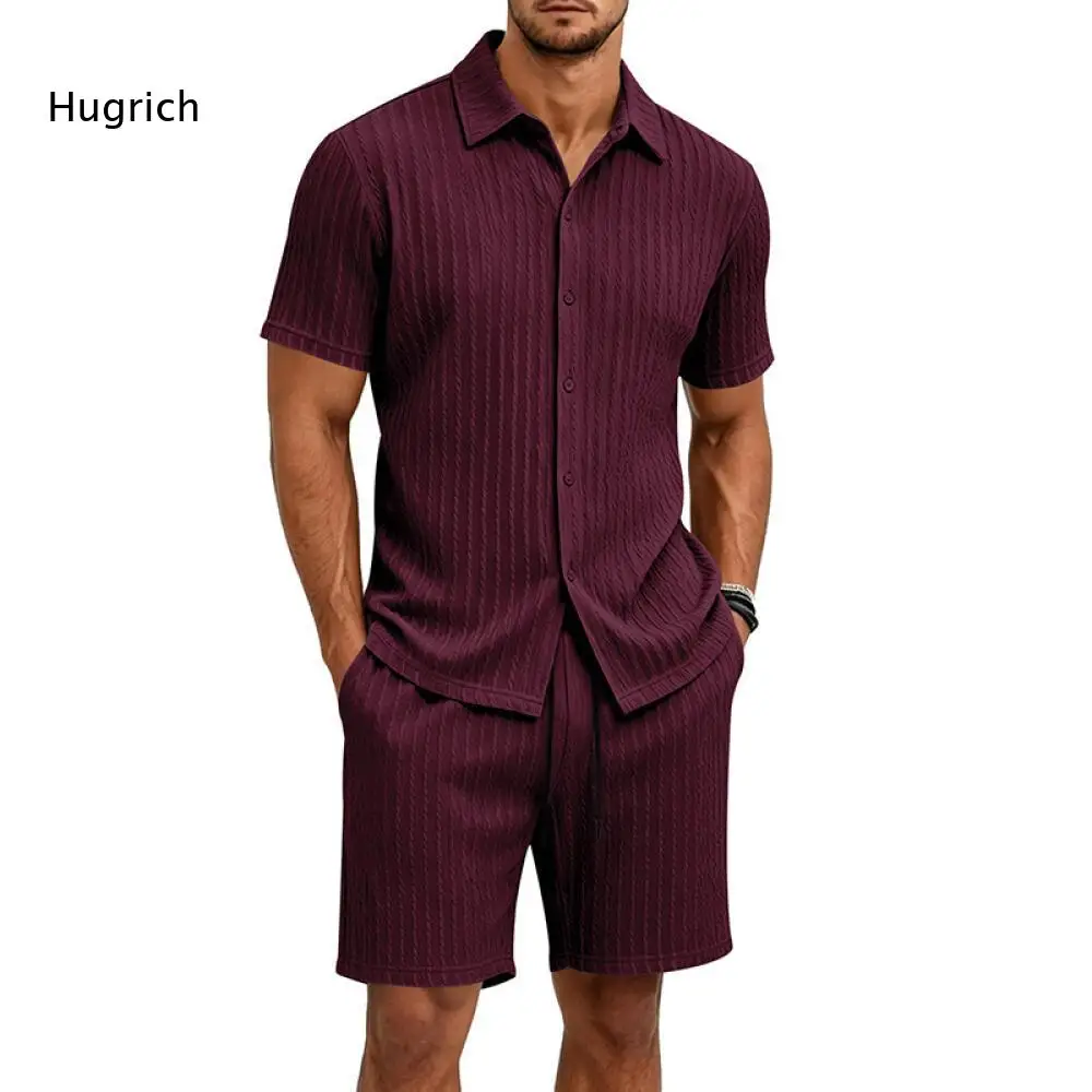 Textured Fabric Mens Matching Set Lapel Short Sleeve Button Shirt And Drawstring Elastic Waist Shorts For Outdoor Daily Wear