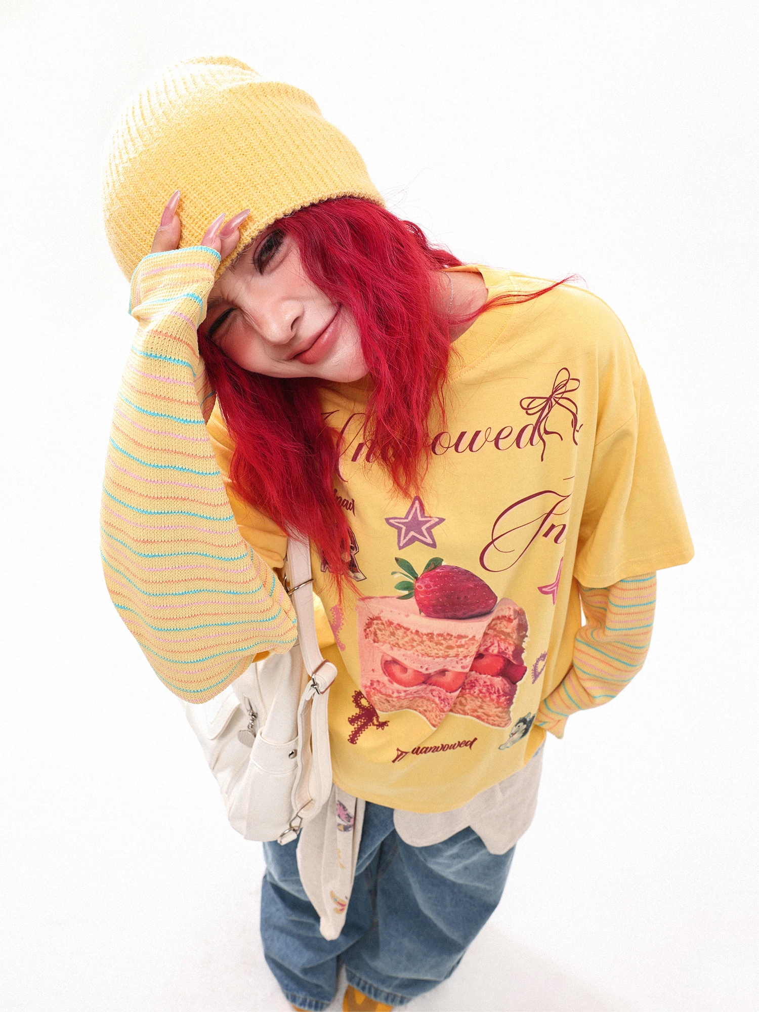 

American Sle Retro Fun Stberry Cake Print Fake Two-Piece Long Sve T-irt Striped Patchwork Design Top for Women