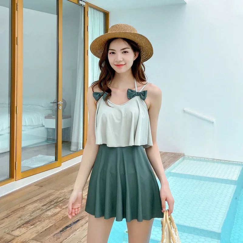 

Women's Push Up One Piece Swimwear Padded Swimsuit Swimdress Green Patchwork Girls Flounce Skirt Bathing Suit Summer 2022 Female