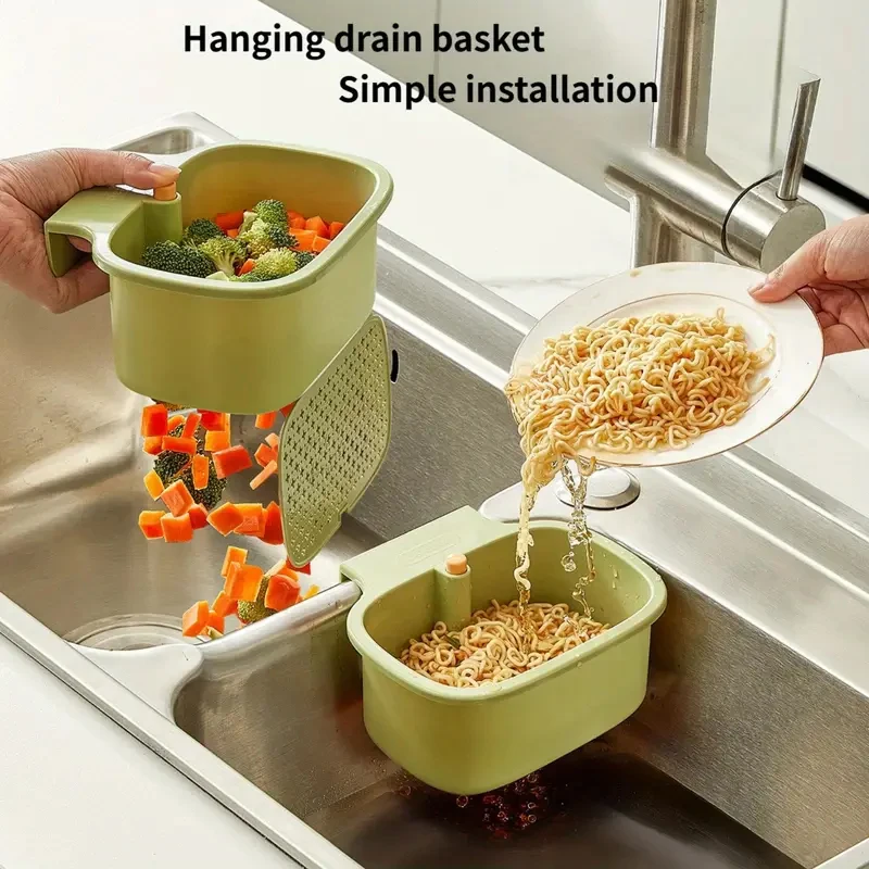 Image of Küche Abflusskorb Quadratische Form Waschbecken Hängen Filter Einstellbare Automatische Dumping Korb Schwamm Pinsel Obst Gemüse Rack