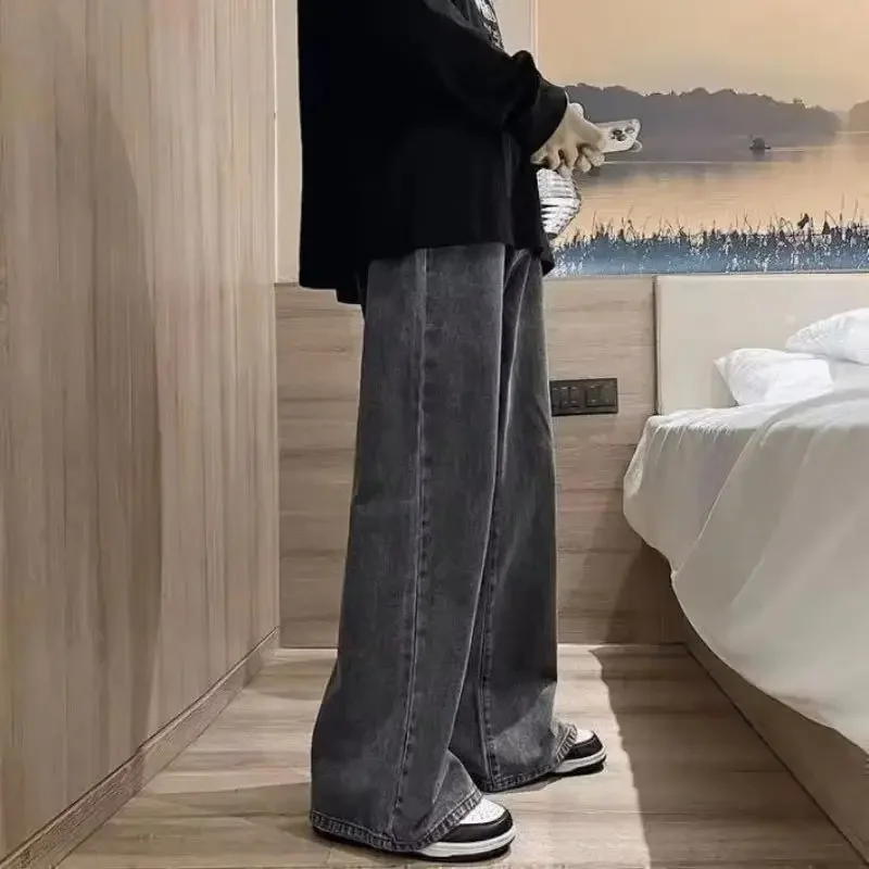 

Модные всесезонные джинсы High Street с застежкой на шнурке и слегка эластичными джинсами, мужские прямые свободные повседневные джинсы с широкими штанинами в стиле ретро