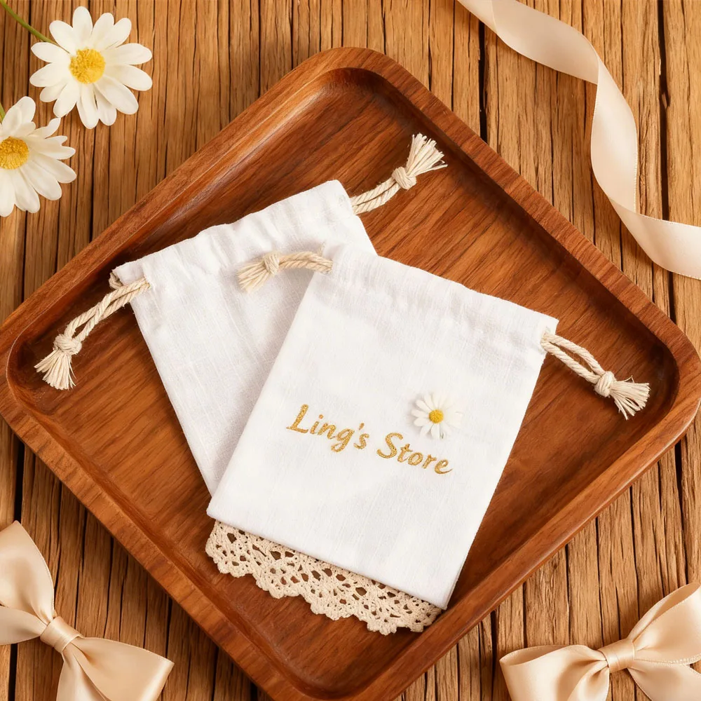 شعار مخصص الأبيض القطن قماش تغليف المجوهرات حقيبة مجوهرات الشاش الحقيبة لخاتم القرط سوار قلادة قلادة التخزين #1