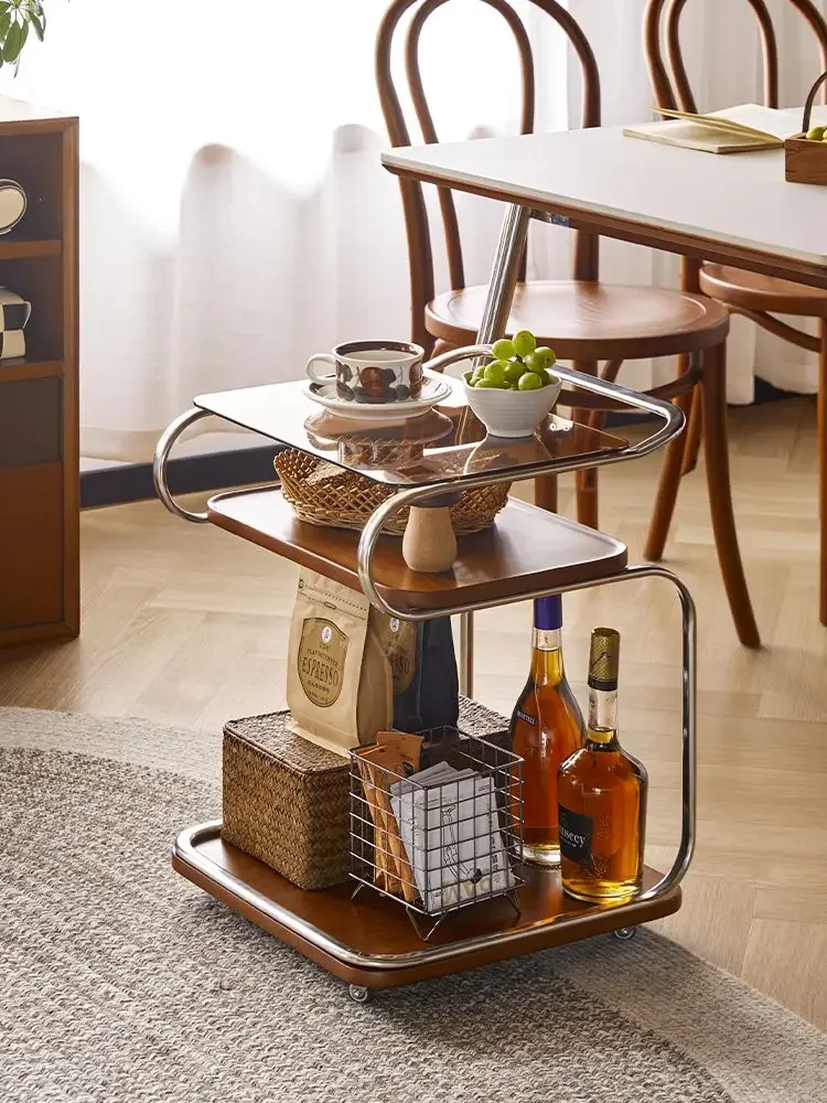 Household Side Table Cart Retro Glass Solid Wood Coffee Table Living Room Sofa Coffee Table Movable Dining Cart Storage Rack