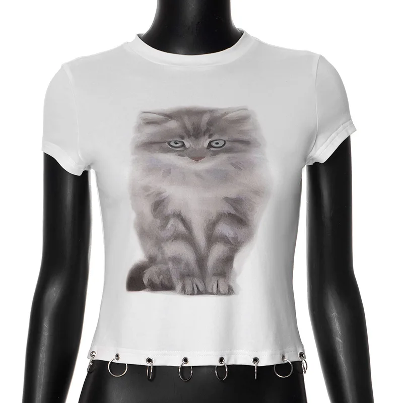 

American Sexy Sweet Spicy Cute Cat Printed Short Crop Top Women's Short Sleeve T-shirt with Metal Rings Female White Y2k Clothes