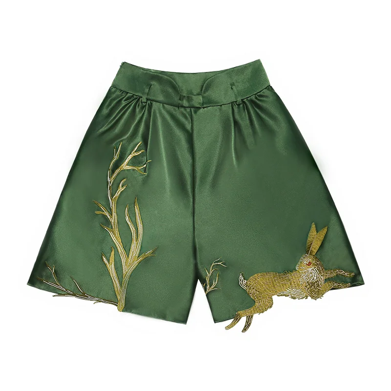 Spring Summer Original Design Women All-match Delicate Vintage Style Embroidered Rabbit Running Bunny Green Shorts