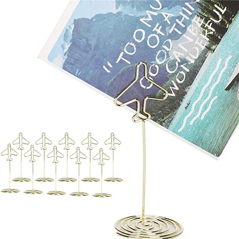 A46M-100Pcs حامل قصاصة مذكرة، رقم الجدول حامل بطاقة الاسم سطح المكتب بطاقة الأعمال المعدنية صور إطار الطائرة الذهبية مع قاعدة #3