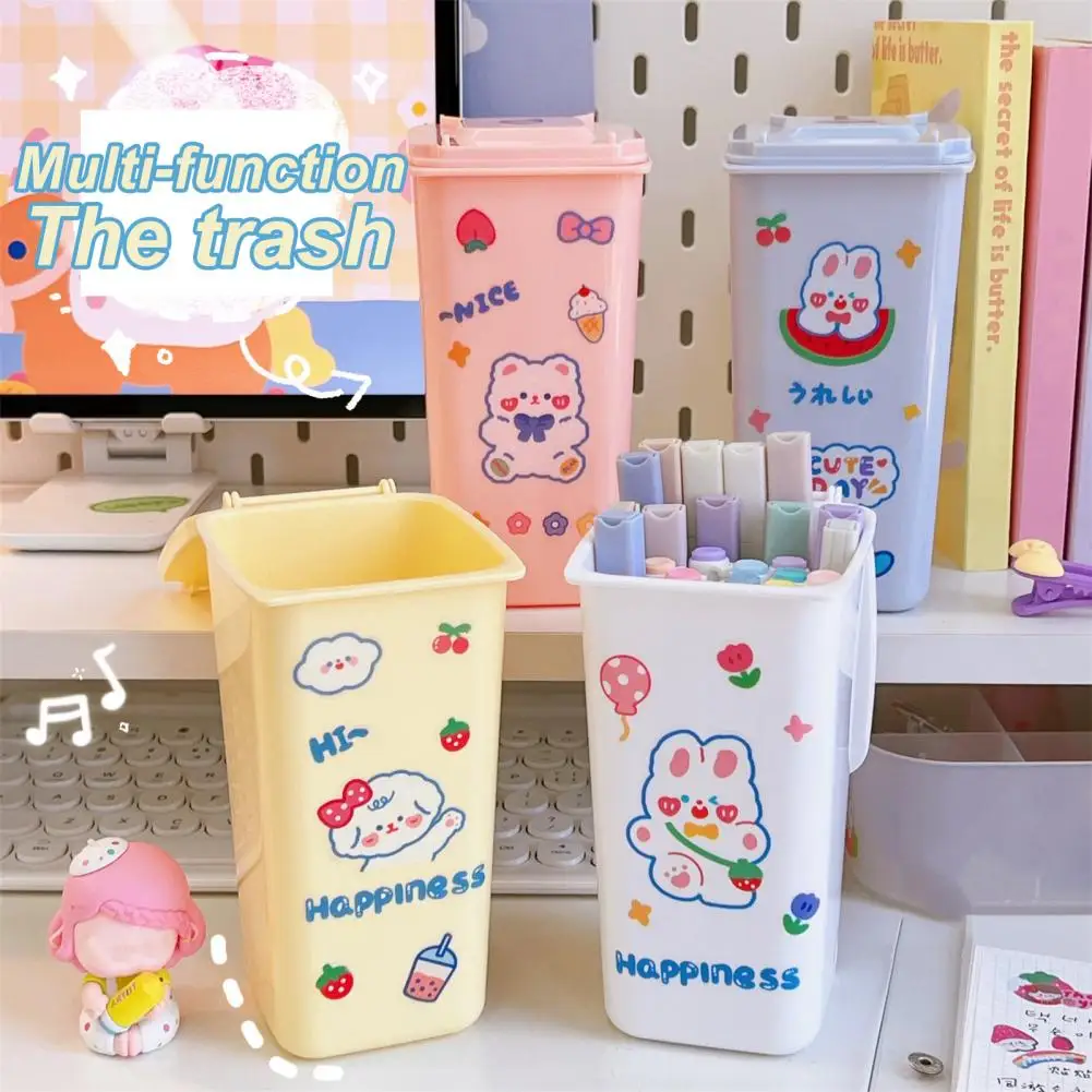 Kawaii Sticker Pencil Holder Cartoon Cute Pen Container Mini Desktop Trash Can Makeup Brush Holder Pen Storage Box Stationery