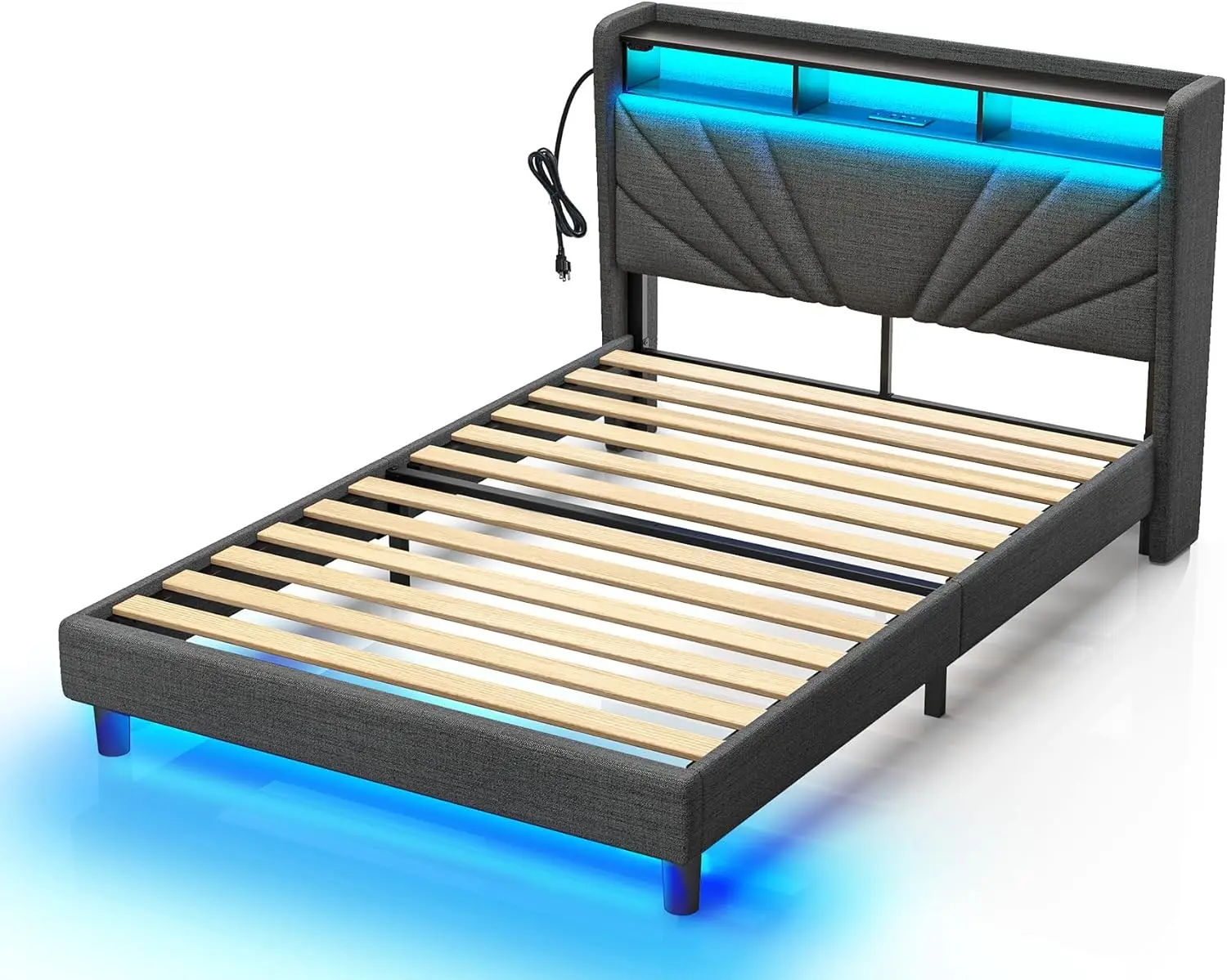 Estructura de cama doble, cabecero de almacenamiento con estación de carga y luces LED, cama tapizada con listones de madera resistentes, sin caja