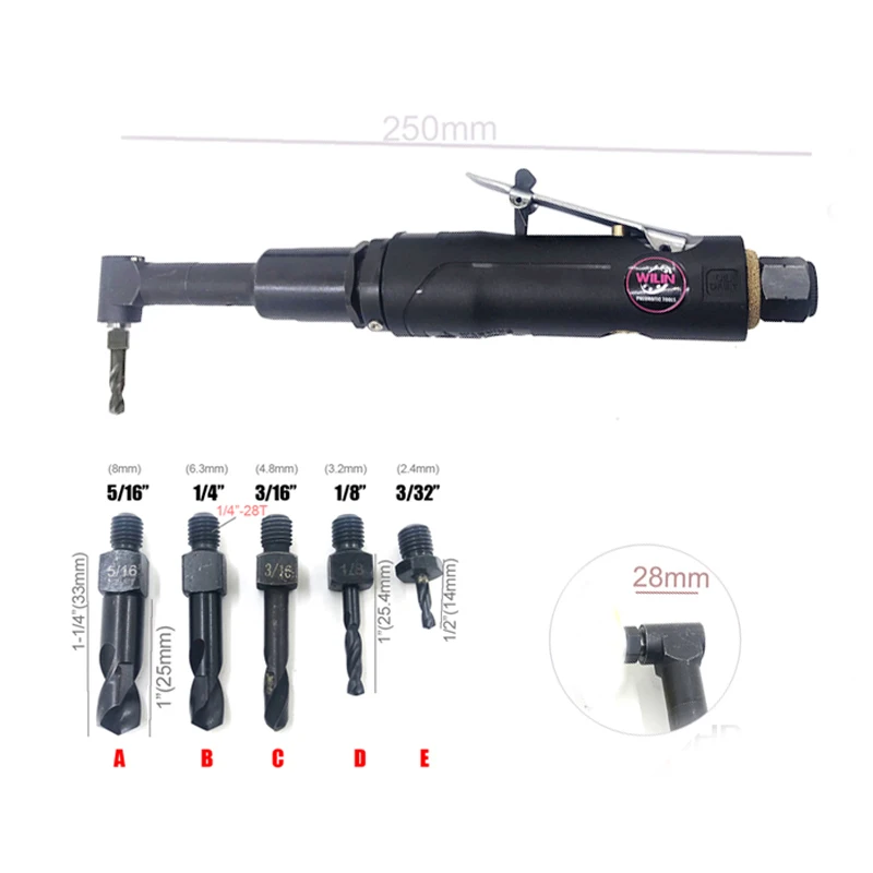 

Wilin 90 Degree Right Angle Air Drill Pneumatic Extended Long Shaft Airplane Drill 1/4"-28 Chuck Size Threaded Drill Bits 0.3HP