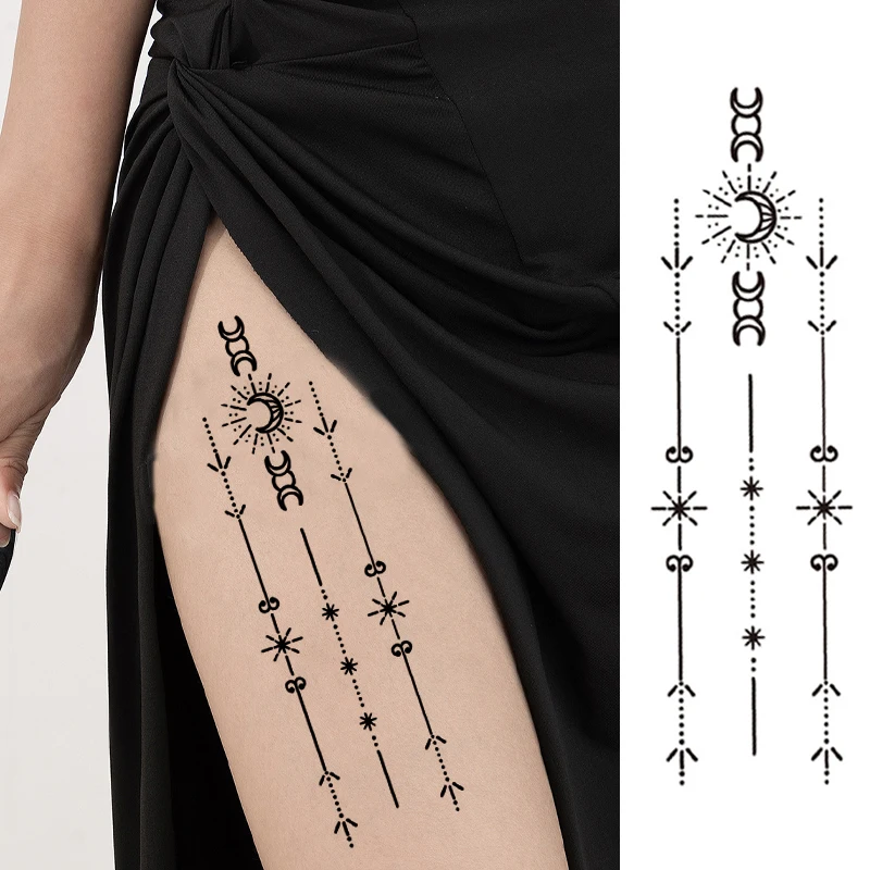Moon and sun element leg tattoo stickers, trendy and sexy, temporary realistic stickers for calves, waterproof and sweatproof.