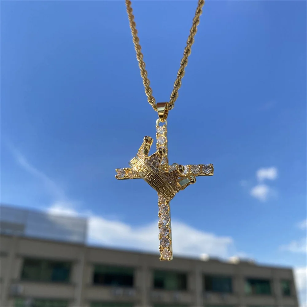 

Crown Cross Pendant Necklace with Zircon Trendy Unisex Accessory