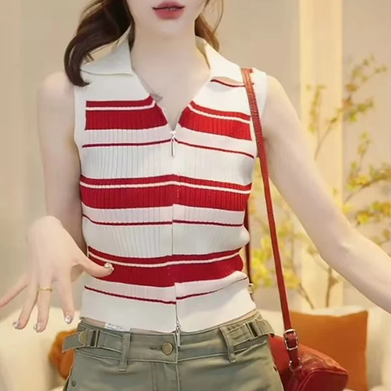 Summer New Korean Style Lapel Striped Contrast Color Pullover Sleeveless Knitted Vest Women's Slim Fit Tops Women
