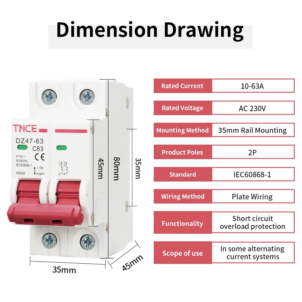 TNCE 10-63A MCB 2P AC 415V C Type Mini Circuit Breaker MCB Short Overload Protector Din Rail Mount Breaking Capacity