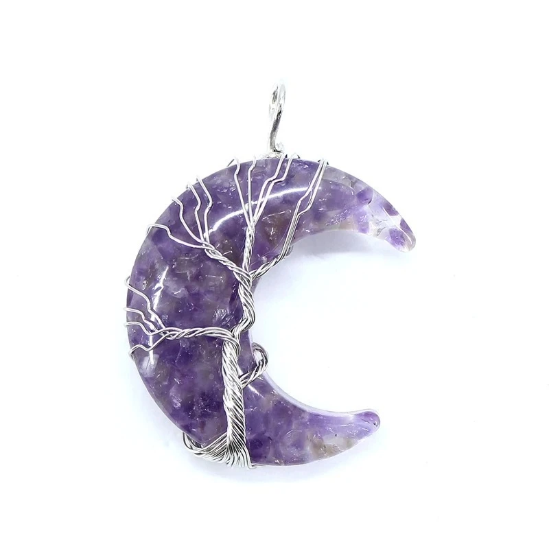 30x45 مللي متر الحجر الطبيعي الراتنج أقمار كريستال المعلقات 7 الشاكرات شجرة الحياة سلك التفاف الهلال الكوارتز الفولاذ المقاوم للصدأ عقد دي اي واي