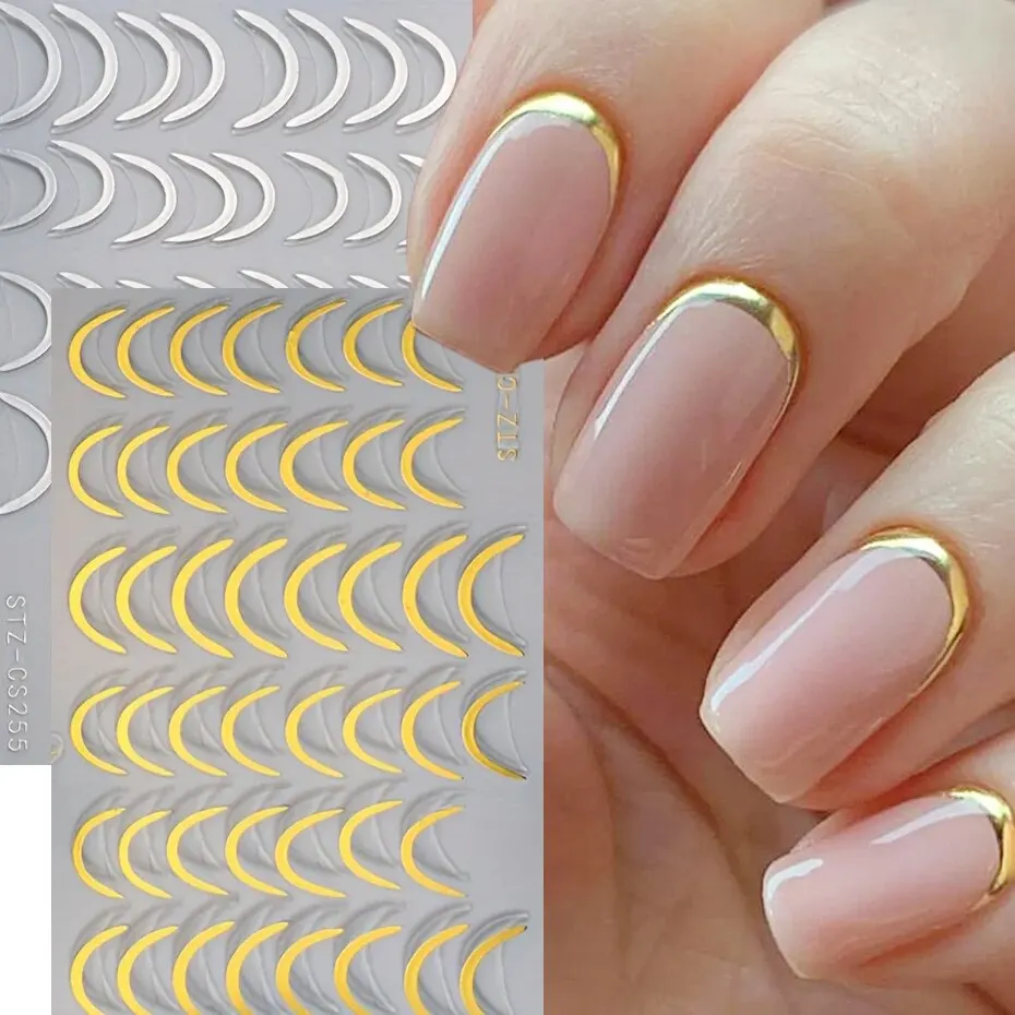 3D Simple French Tips Nail Stickers Silver Gold Metal Stripe Line Swirl Decals Curve Gel Nails Art Sliders Polish Manicure Decor