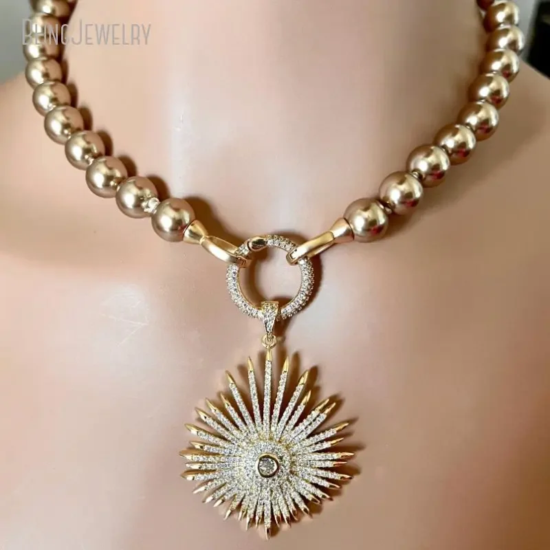 10pcs Bronze Porcelain Glass Pearl Necklace Sun Burst Pendant Hand Knotted Micro Pave Spring Lock Jewelry