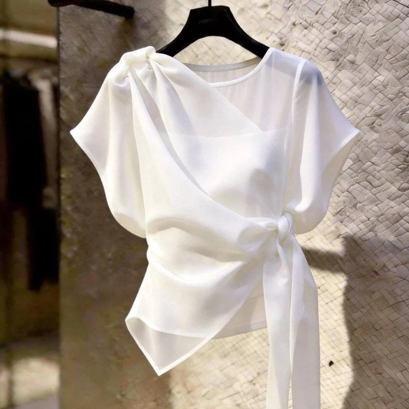 New Temperament Bandage Irregular Solid Shirt Tops Women Clothing Summer Thin Short Sleeve Elegant Blouse Fashion