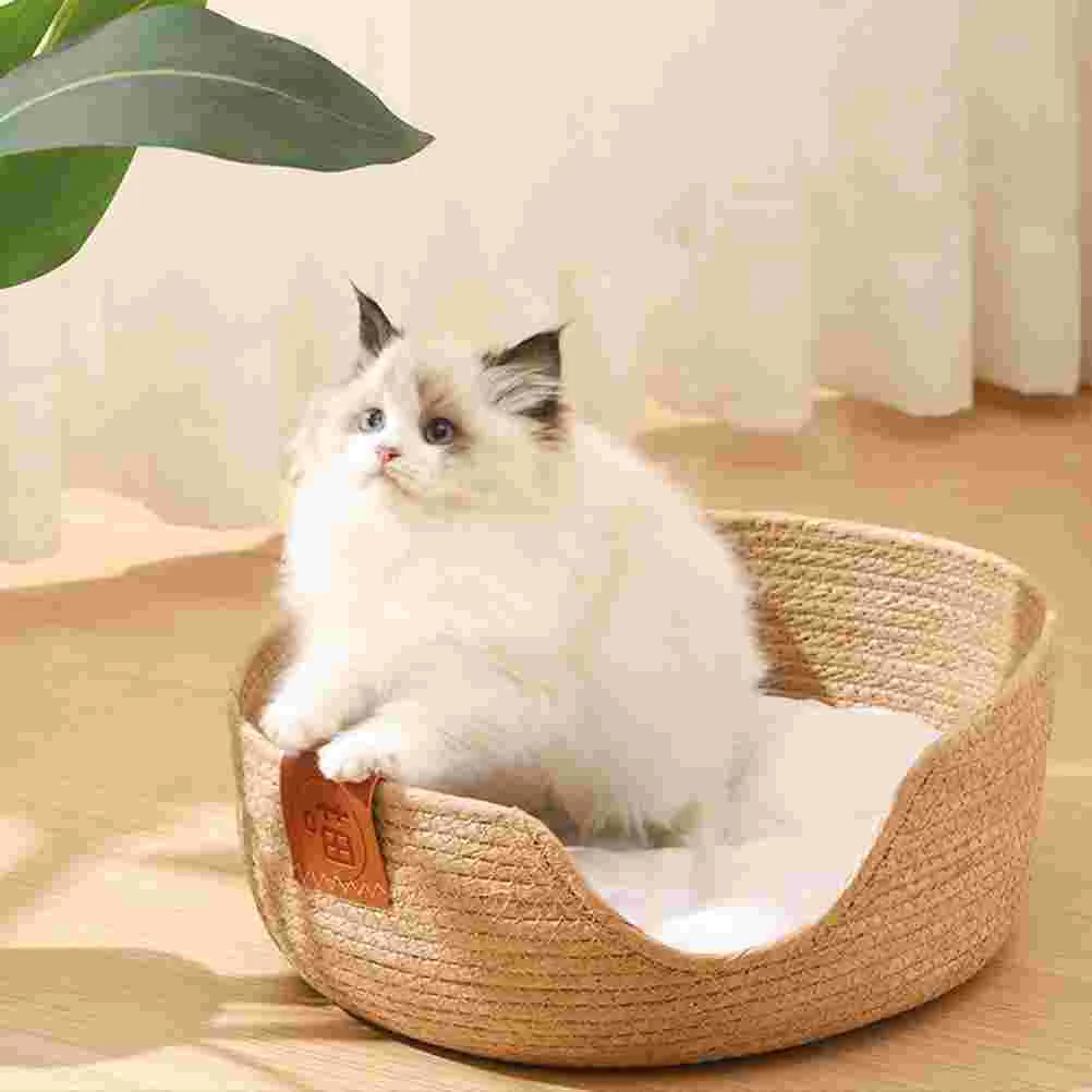 

Straw Nest Woven Cat Dog Cot Round Beds Sleeping Cattail Grass with Cotton Mat Pet