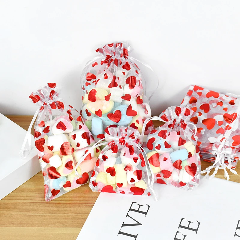 

20/50Pcs Red Love Heart Organza Drawstring Bags Wedding Party Candy Cookie Storage Bags Valentine's Day Jewellery Gift Pouches