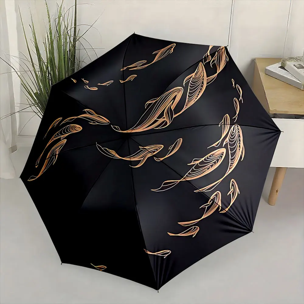 Umbrella with Elegant Gold Fish Design on Black Compact Fashion Folding Umbrella for Daily Use, Christmas Gift