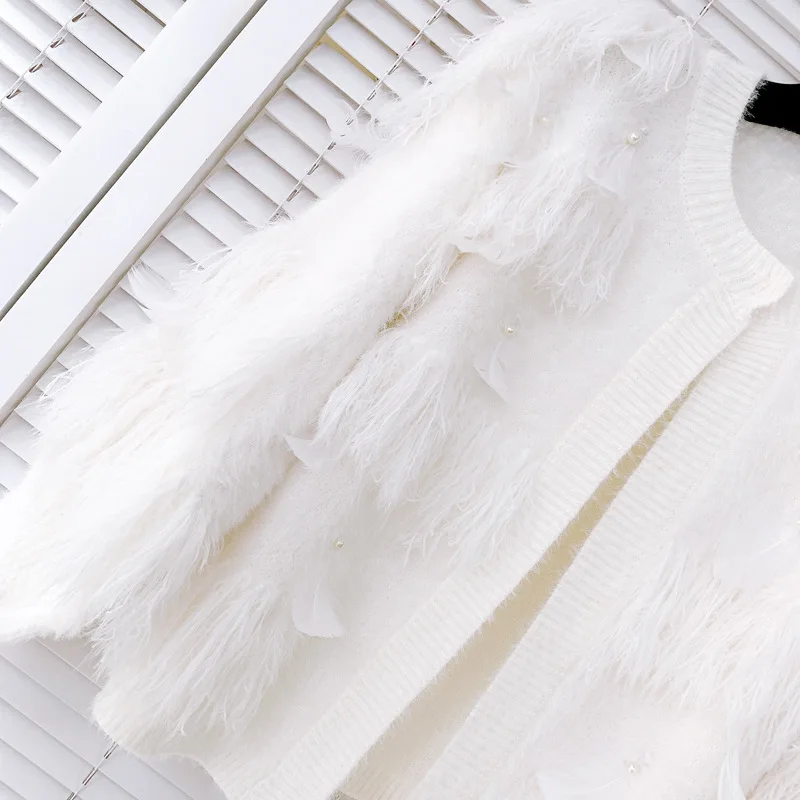 Artificial Mink Hair Tassel Pearl Feather Cardigan Coat Women\'s Knitted Autumn and Winter New All-Matching Slimming Sweater