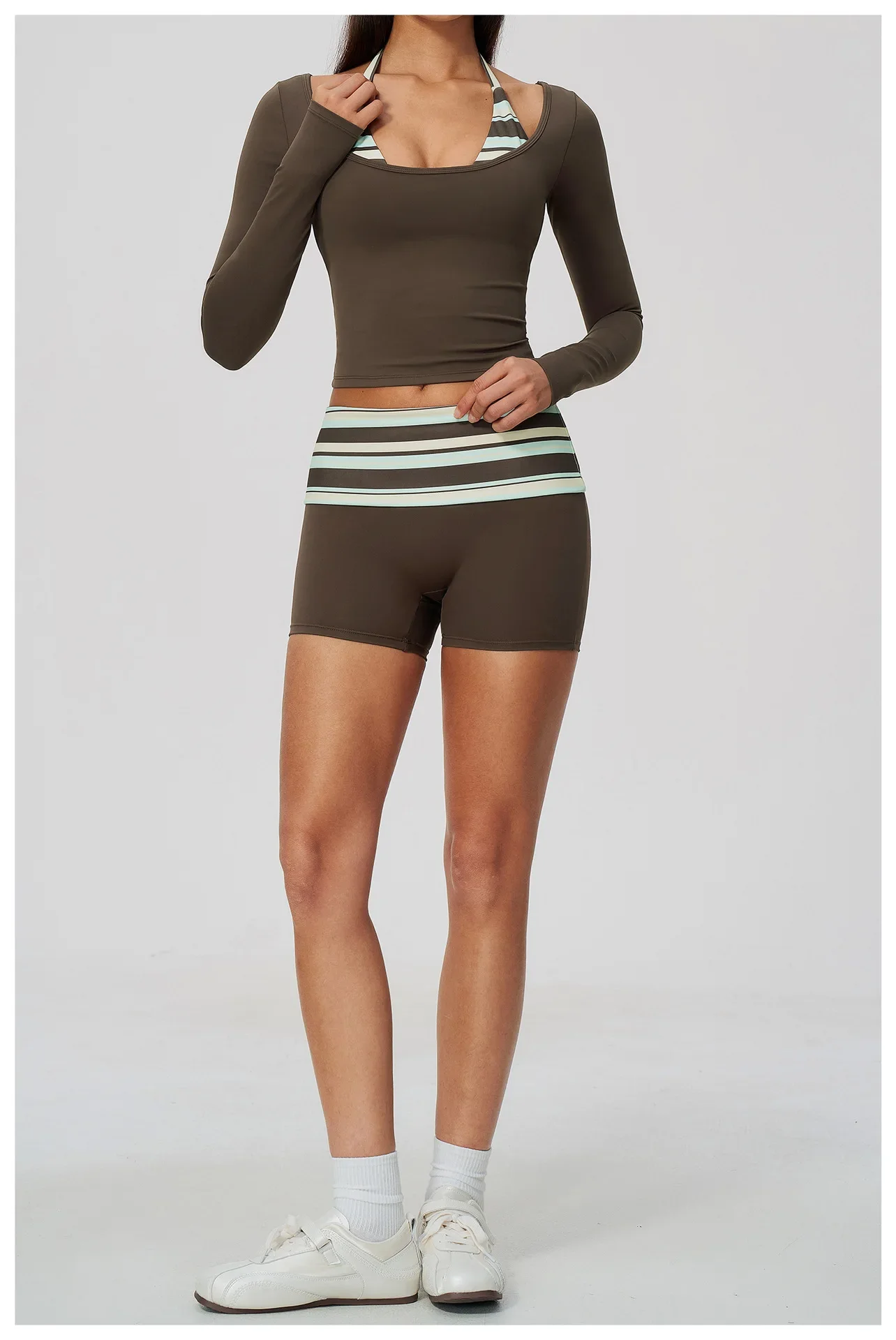 Yoga Langarm-Fitness-Top, Gym-Workout, Damen-Top mit Neckholder, Streifenmuster, kurzes, aktives Shirt, atmungsaktiv, für Sport und Training – Detail 18