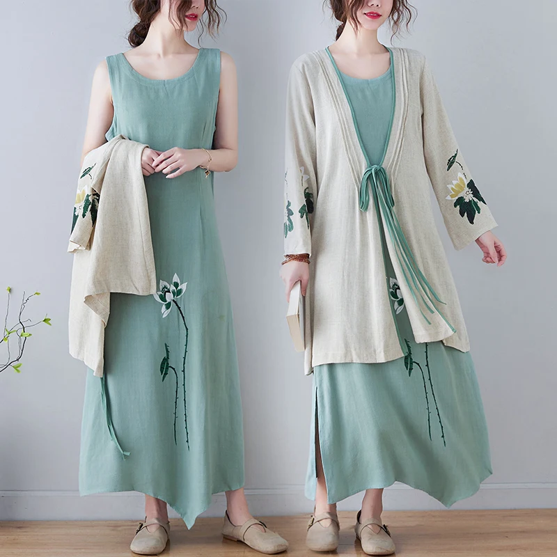 2022 Spring/Summer improved Hanfu retro Suit Cotton Linen cardigan Top sleeveless round neck slim cheongsam Dress Women bd384