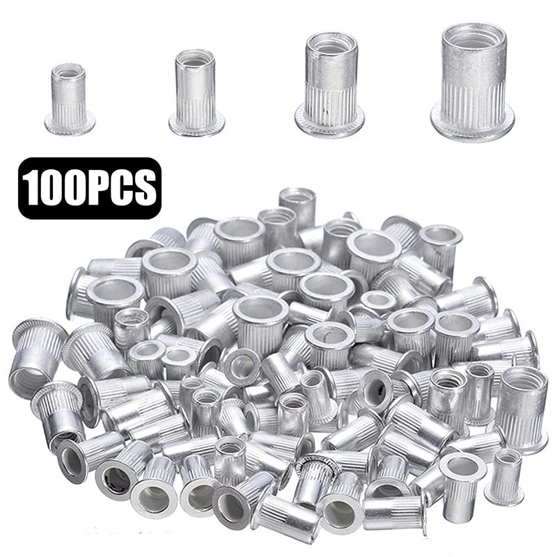 100pcs Steel Aluminum Rivet Nuts Kit Threaded Rivet Nut Inserts Rivnut Nutsert M3 M4 M5 M6 Mixed Kit Set Repairing Tools