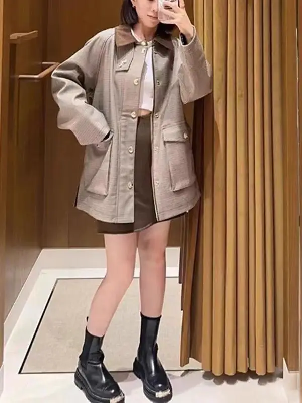 

S-Home Autumn Winter Loose Cotton Flannel Plaid Stand Collar Coat with Pleated Skirt Women's Busin Casual Faion Set