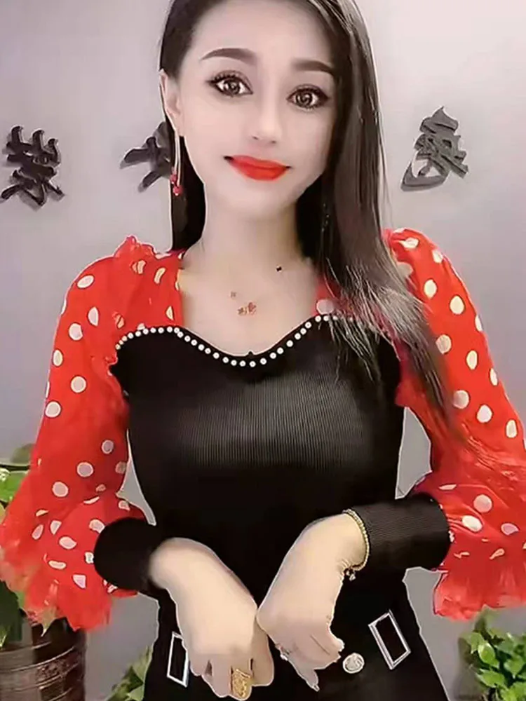 Woman New Long-Sleeved V-neck Bottoming Shirt Female Fashion Stitching Mesh Drilling T-Shirt Tops Ladies Basic Clothes