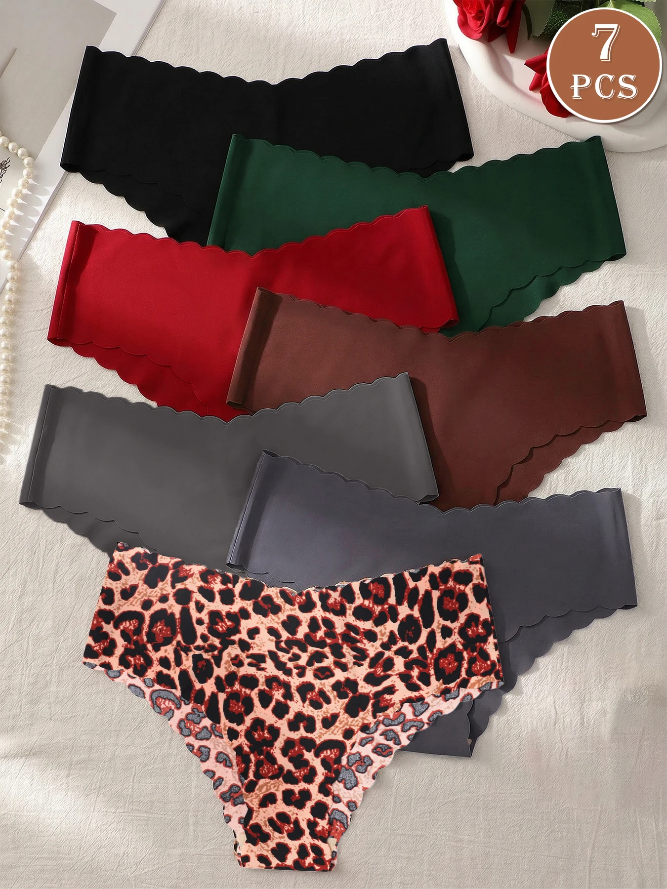 Lot de 7 slips sans couture taille basse pour femme, sous-vêtements confortables à bords festonnés imprimé léopard et couleur unie