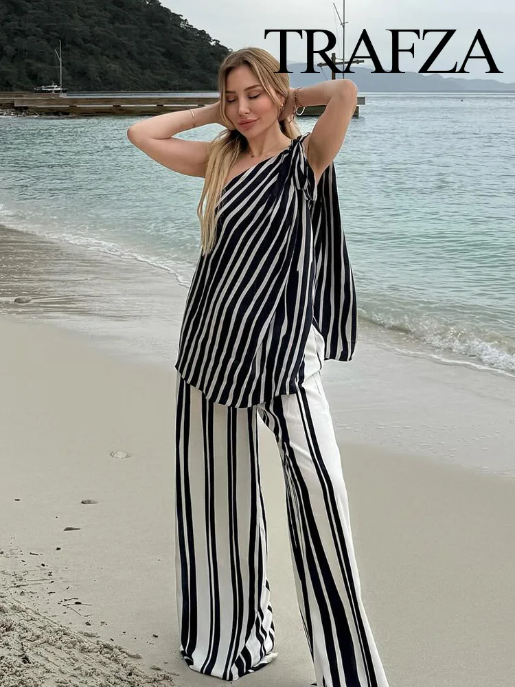 

TRAFZA Women Casual Stripe Pants Suit Backless Decorate Hanging Neck Collar Top+Chic High Waist Side Pocket Zipper Pant Summer