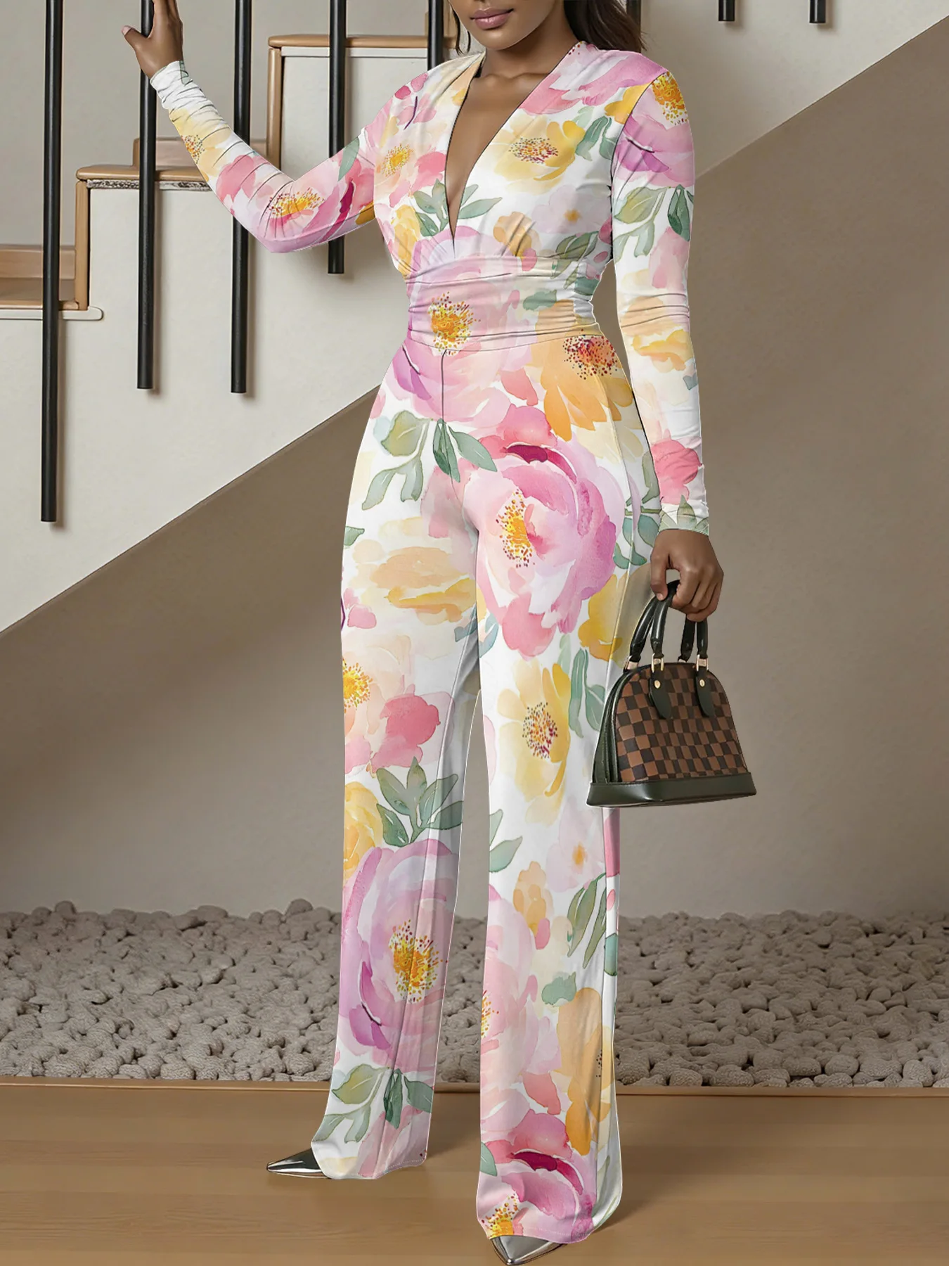 V-neck Long Sleeve Bodycon Jumpsuit autum Women Stretchy One-Piece Bodysuit spring Luxury Streetwear Beach Party Girl
