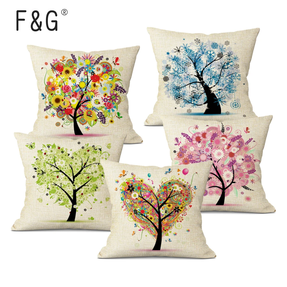 

Elegant Printed Cushions Cover Flower Tree High Quality Decorative Pillows For Sofa Bed Car Home Woven Linen Throw Pillow Case