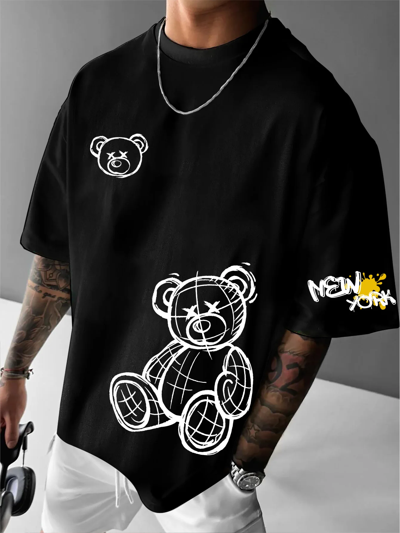 Printed T-shirt for Men New Summer Fashion New York Sketch Teddy Bear Printed Tee Machine Washable S-XXL