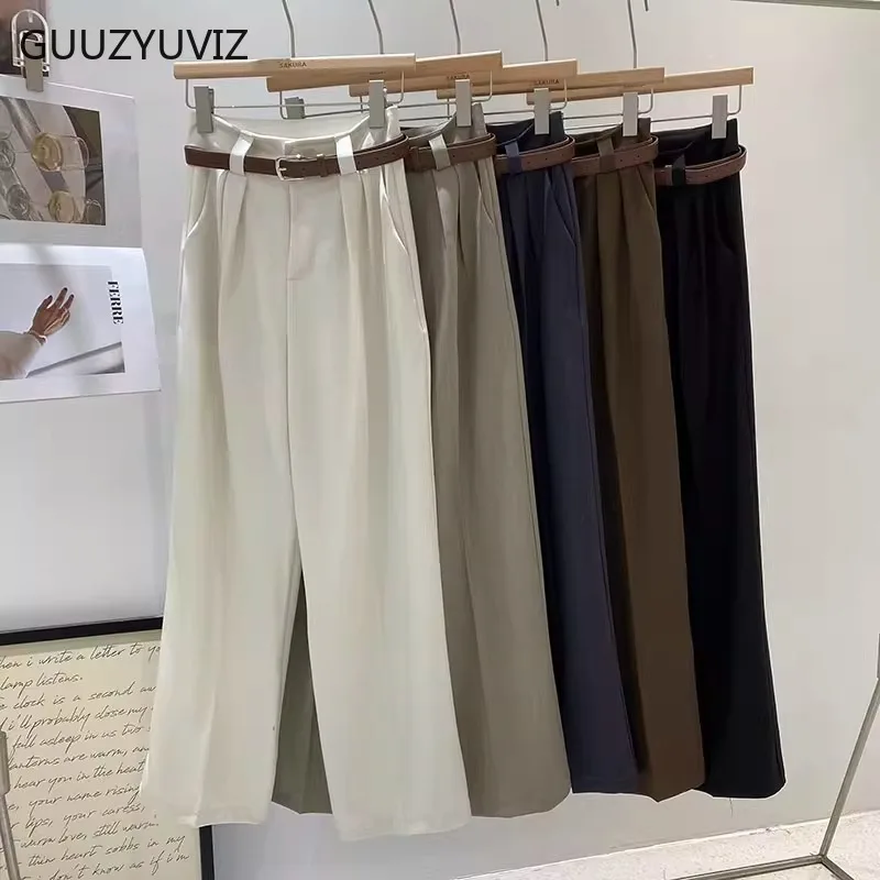 

GUUZYUVIZ Frence Vintage High Waist Loose Wide Leg Women Suit Pants Office OL Elegant Black Thin Straight Full Length Trousers