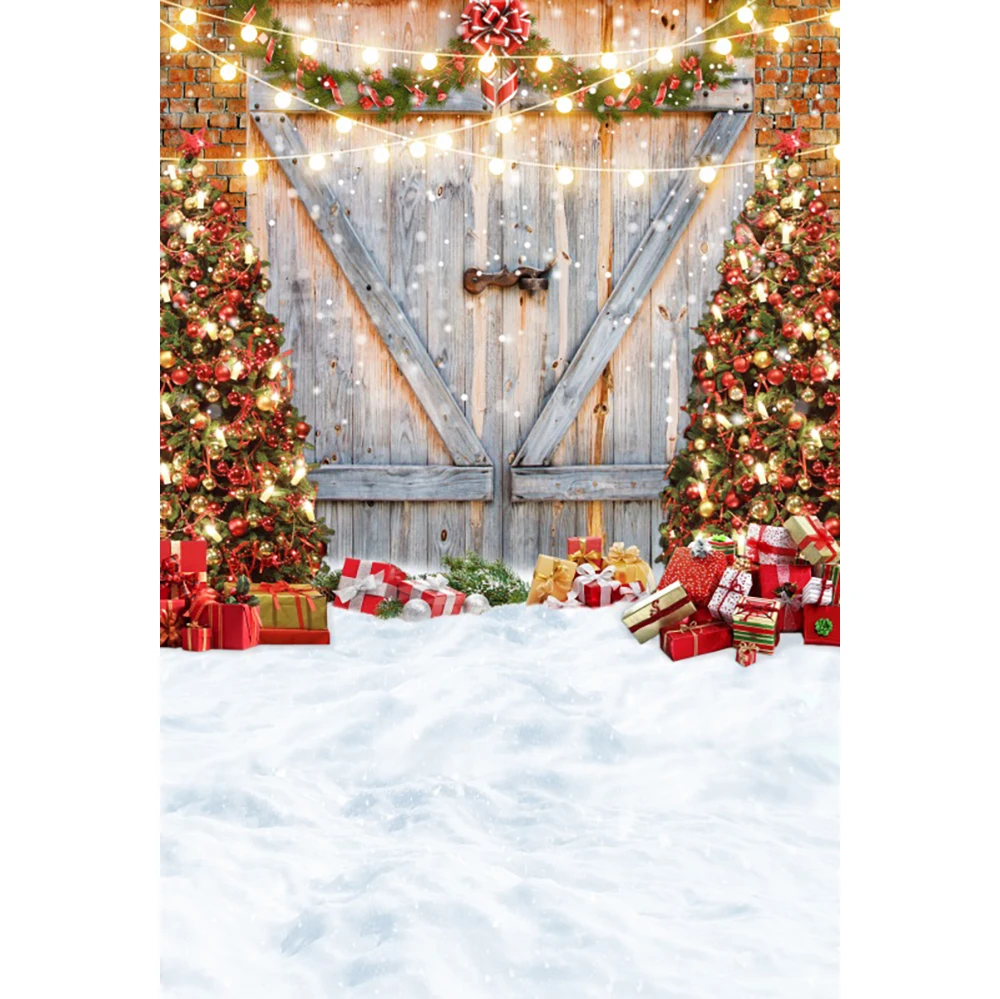 Christmas Decorations Background Photography Wooden Door Tree Family Portrait Decor Photograpic Backdrops Photoshoot Accessories