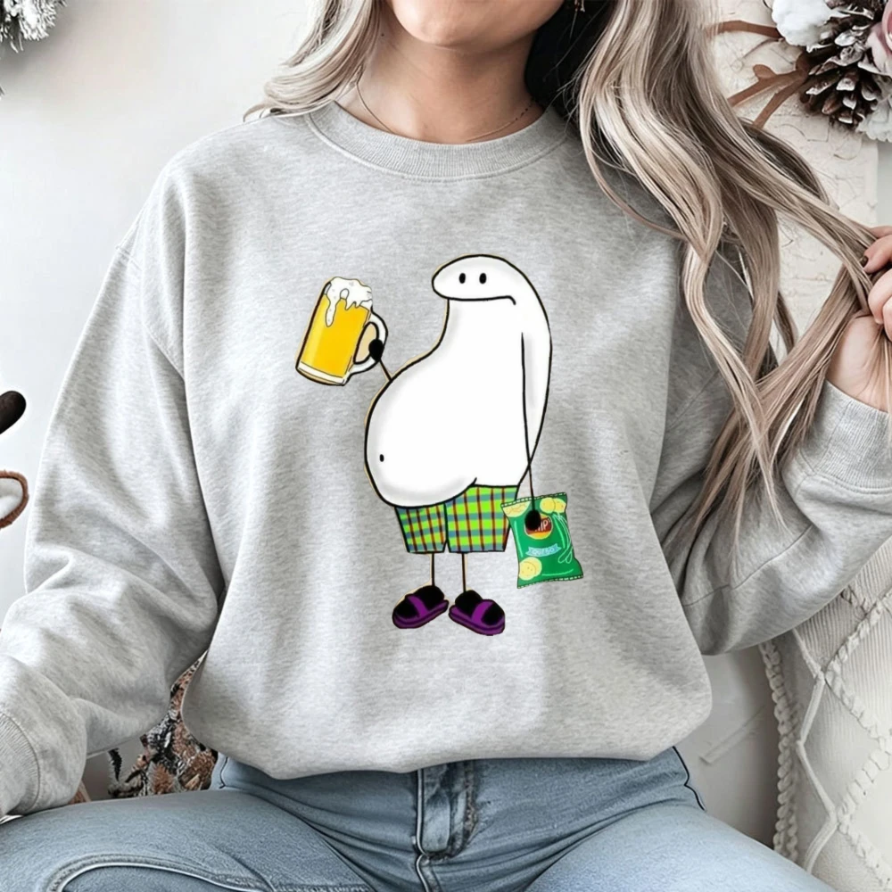 Flork Meme Crew Neck Sweatshirt Stick Figure with Beer and Snack Bag Plaid Shorts Funny Cartoon Meme Graphic Pullover Streetwear